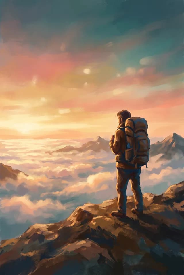 Capa de amostra: viajante no alto da montanha sobre um mar de nuvens