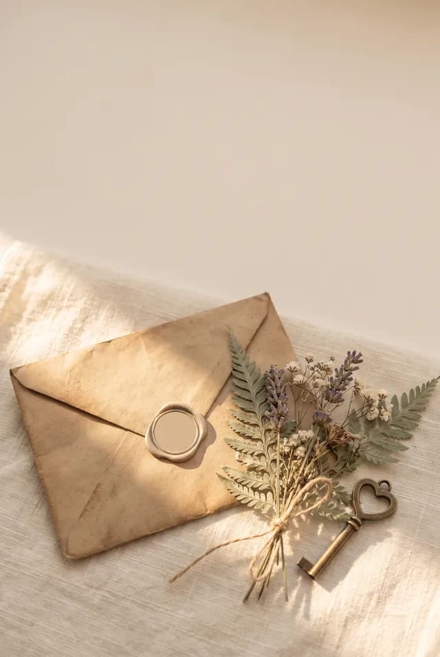 Capa de amostra: envelope antigo com flores secas e uma chave